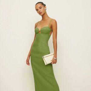 Reformation Malibu Linen Dress Green Avocado Strappy Long